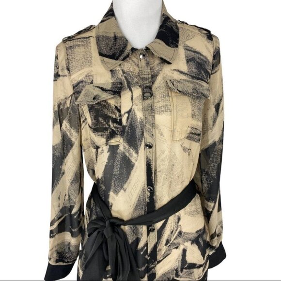 Andrew Marc Women's Tan GEO Print Sheer Button Down Swim Cover-Up Dress 8/C36 - Picture 2 of 10